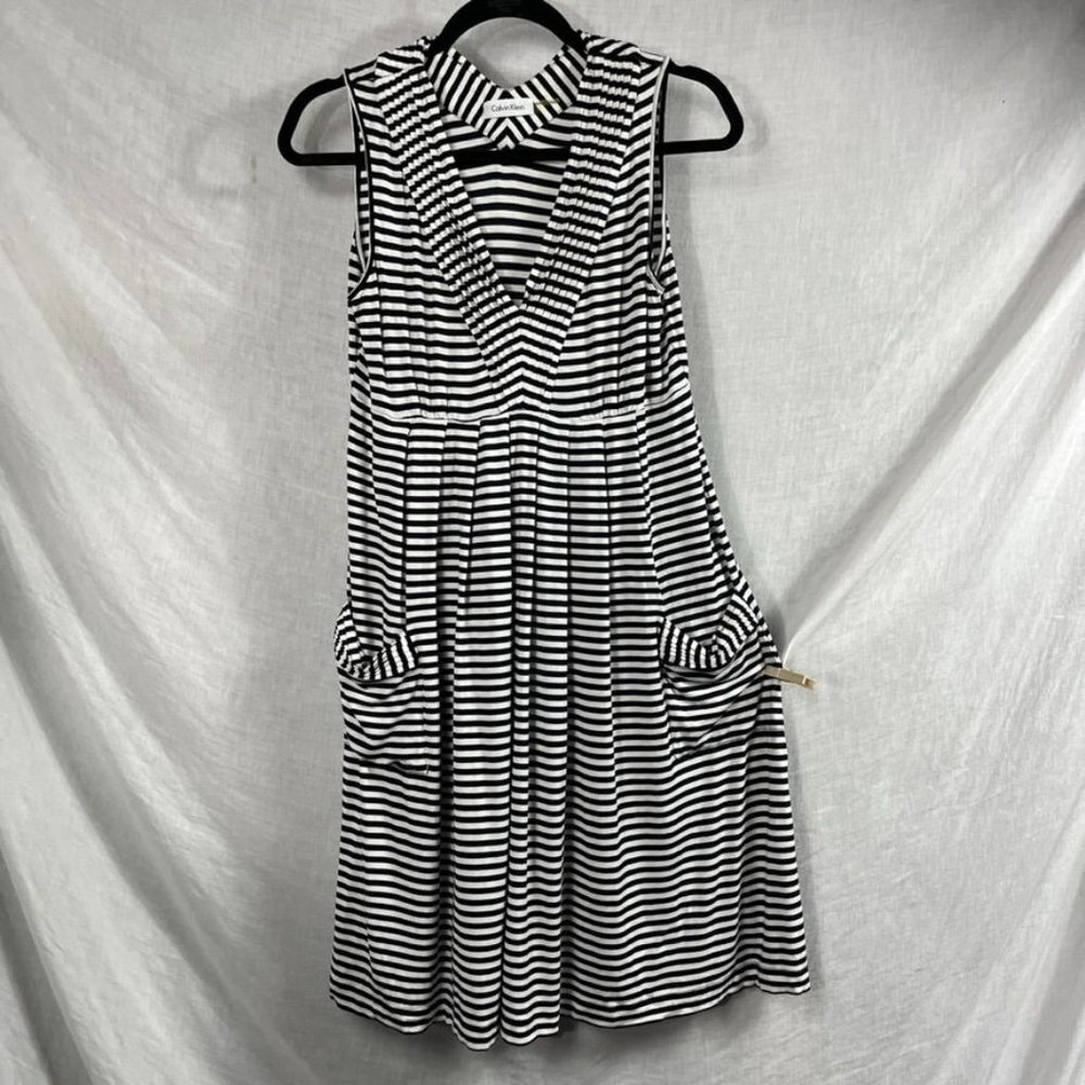 Calvin Klein Sleeveless Pleated Midi Dress Womens 6 Sailor Preppy V-neck Striped